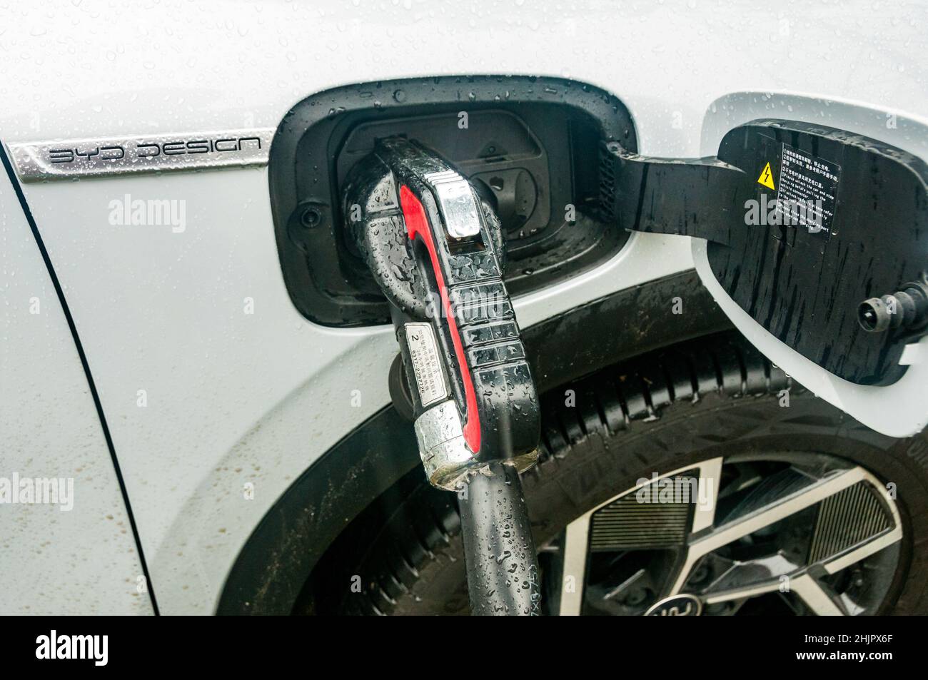 The charging port of a BYD Yuan Plus electric SUV photographed in Shanghai, China. Stock Photo