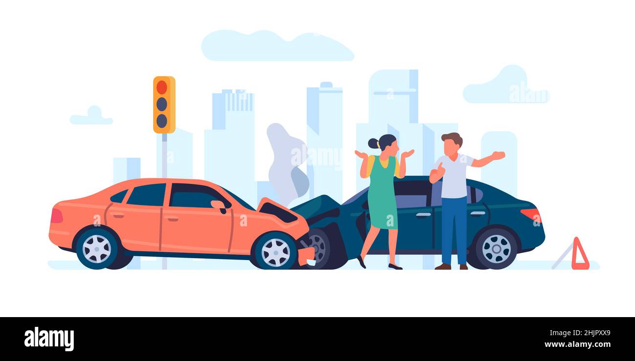 Car accident. Vehicles crash. Drivers argue at stoplight. Broken automobiles. Traffic rules violation. Transport collision illustration. Wrecked autos Stock Vector