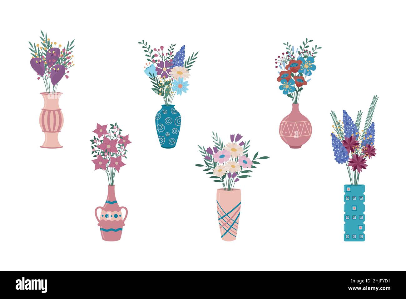 Flowers bouquets in vases vector set. Flat collection of trendy boho ...