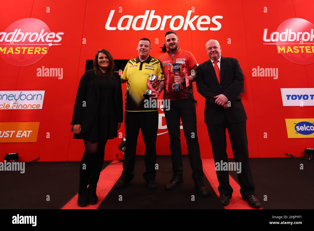 30th 2022; Marshall Arena, Milton Keynes, Bucks, England: Ladbrokes Masters Darts Tournament: Joe Cullen and Dave Chisnall are presented with the Ladbrokes Masters trophy and runners up trophy by sponsors