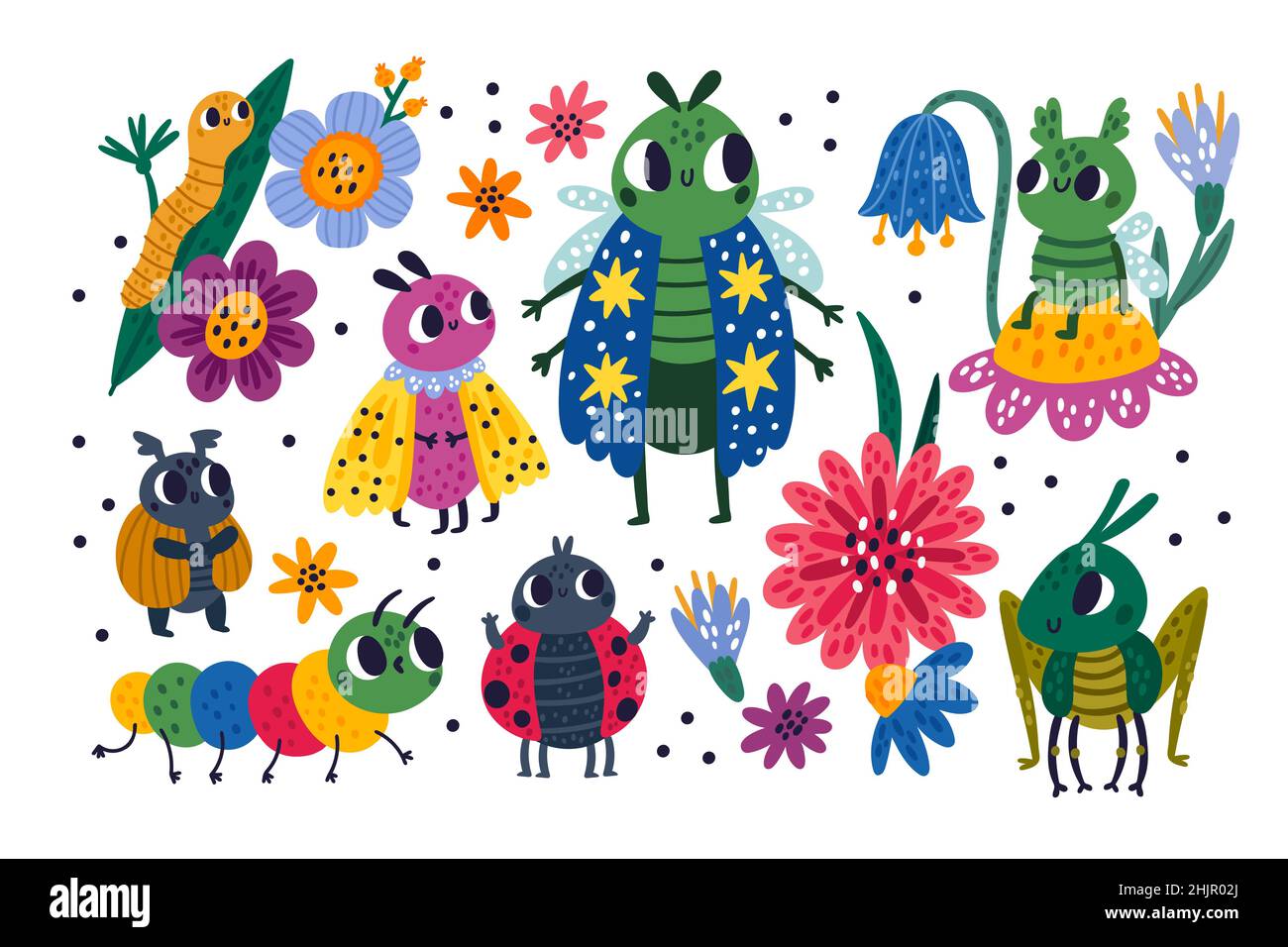 Cute bugs. Funny cartoon insects. Flying butterfly and crawling caterpillar  characters. Moths and happy grasshopper with flowers. Ladybug or beetle on  Stock Vector Image & Art - Alamy
