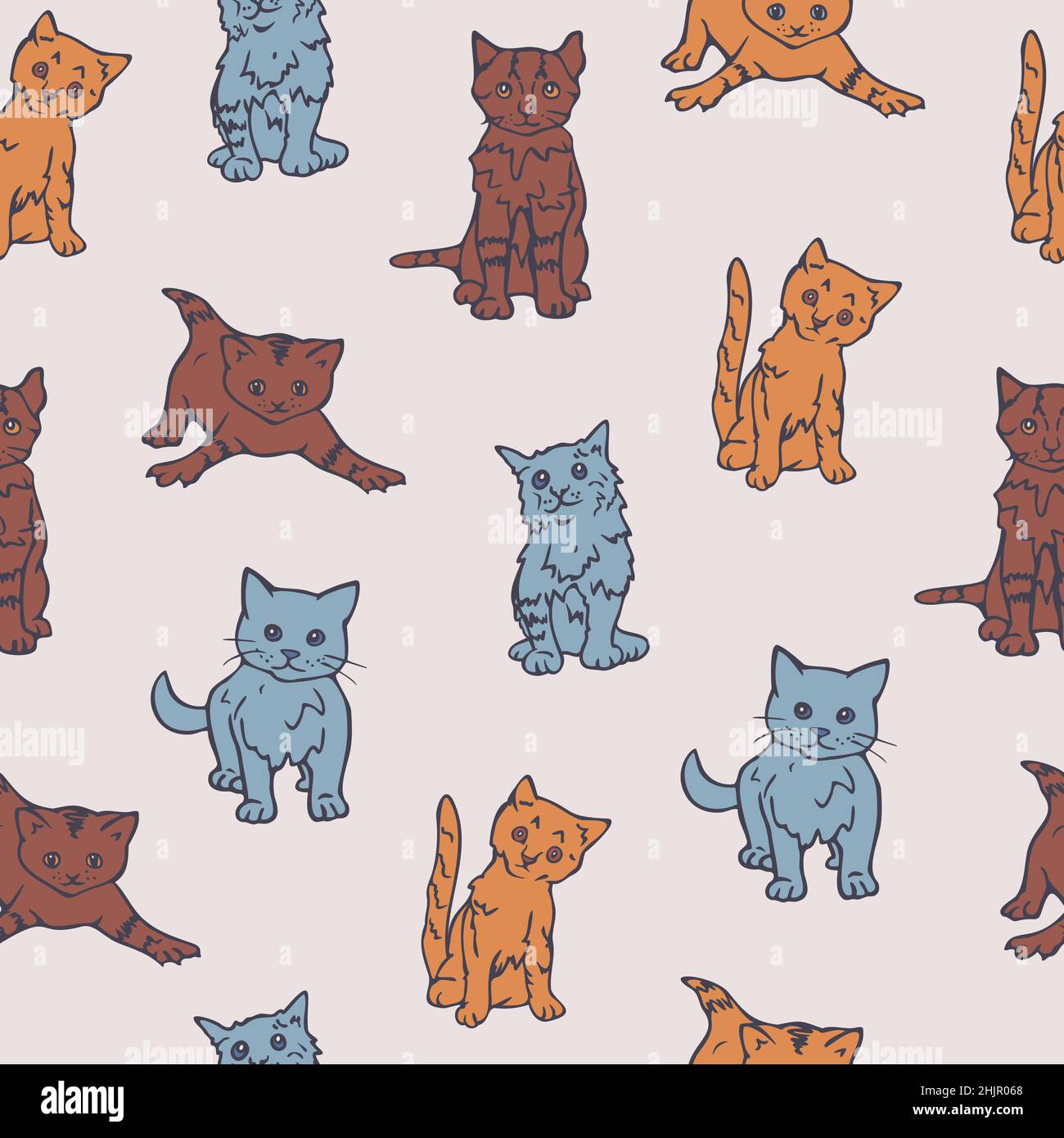 Vector seamless pattern with different kittens. Hand drawn decorative design. Stock Vector