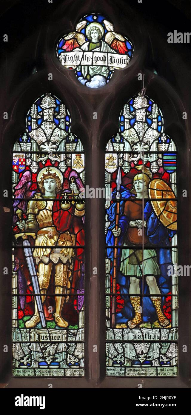 A stained glass window by Percy Bacon depicting Justice & Faith, Christ Church, Swindon Stock Photo