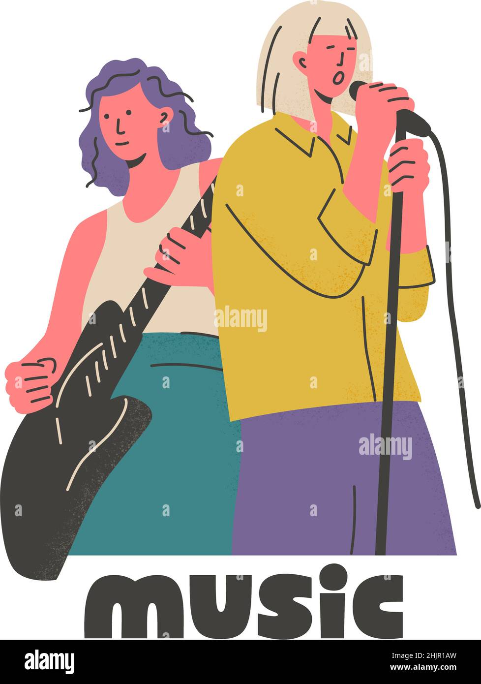 Musical festival poster with lettering. Hipster musicians playing the guitar and singing on stage. Musical performance or show. Rock band live concert Stock Vector