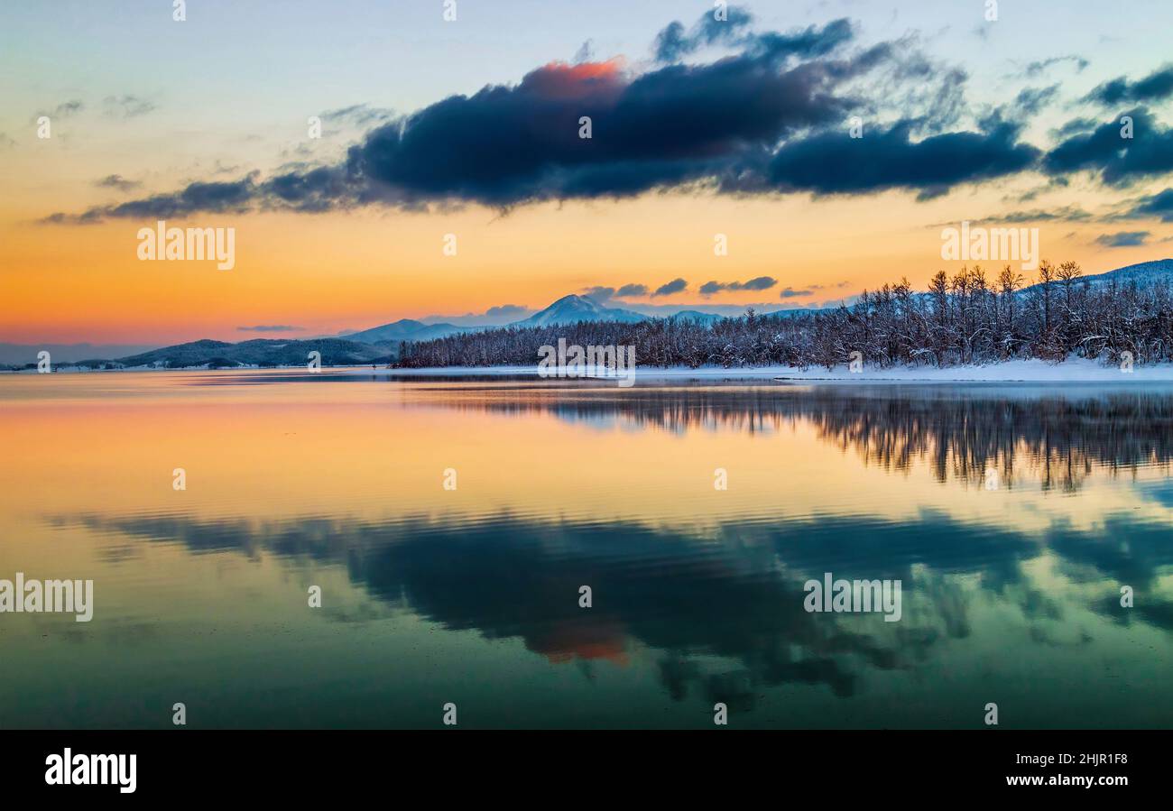 At Plastiras lake, after sunset. Karditsa, Thessaly, Greece. Stock Photo