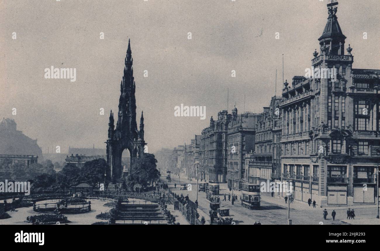 Princes Street. The handsome buildings on its north side the views of the Castle & Old Town across the gardens are superb. Edinburgh (1923) Stock Photo