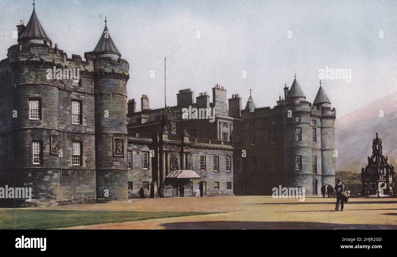 In the old tower on the left of the main entrance to Holyrood are Queen Mary's rooms. The picture gallery & state apartments. Edinburgh (1923) Stock Photo