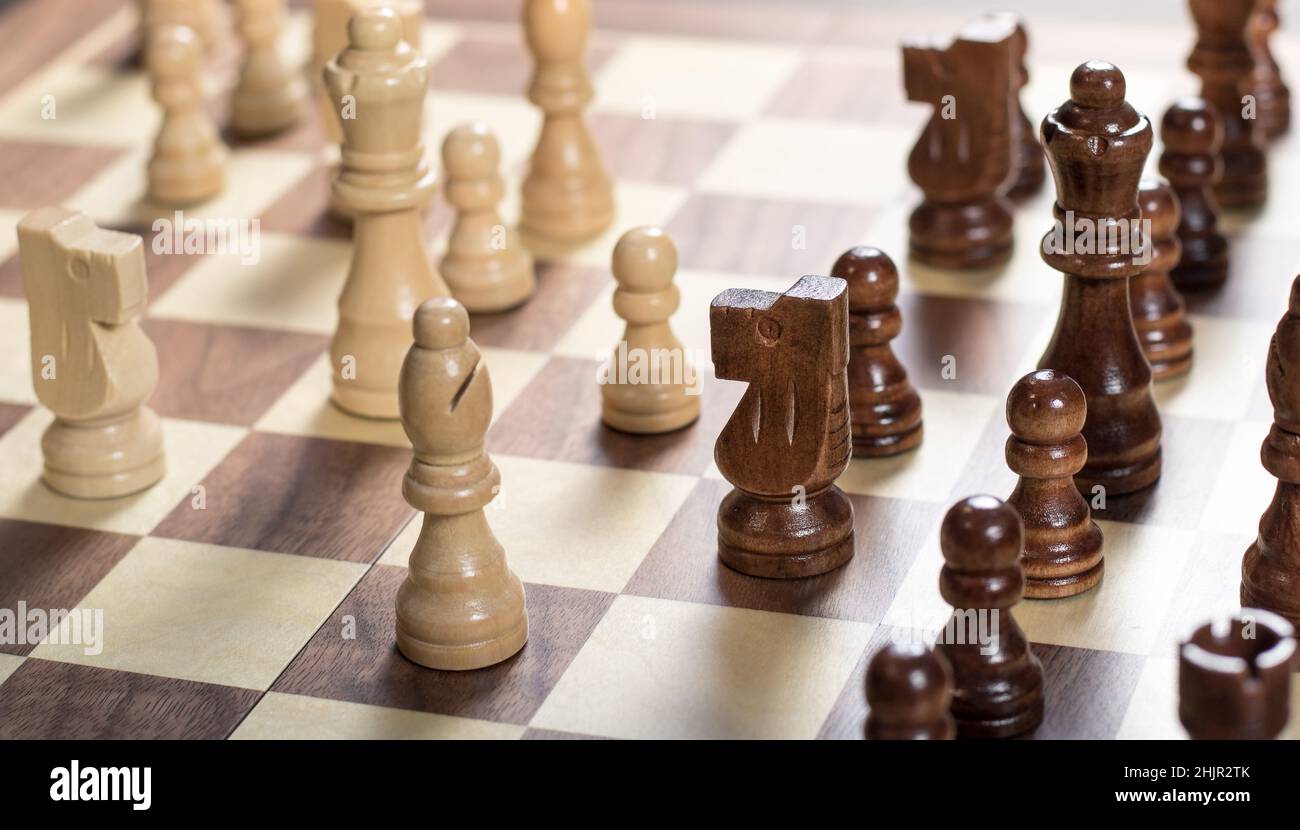 Chess board with chess game being played. Top down angle Stock Photo ...