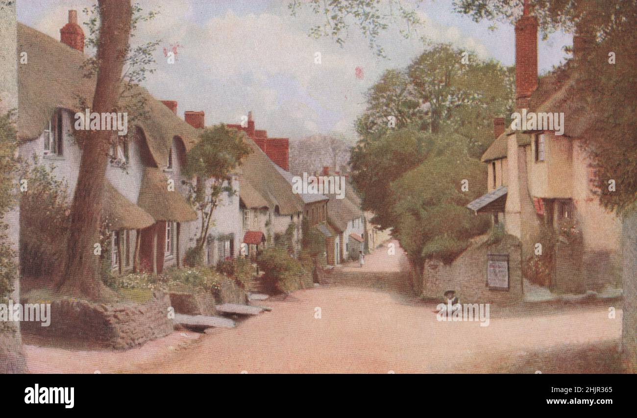 The pretty village of Thurlstone in Devonshire. These cottage homes are built of warm cob. thick-walled & snugly thatched (1923) Stock Photo