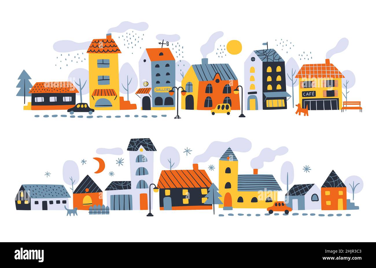 Small houses streets. Rural little town with cozy color buildings, line compositions. Tiny homes, cute cars and trees, urban landscapes, horizontal Stock Vector