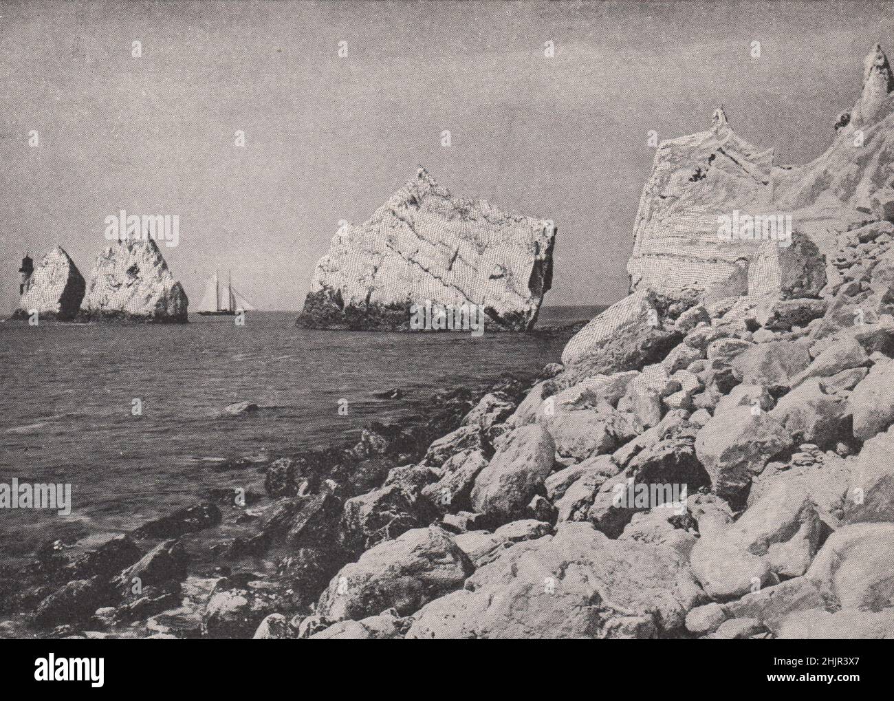 The needles, eroded chalk rocks of the Isle of Wight. England (1923