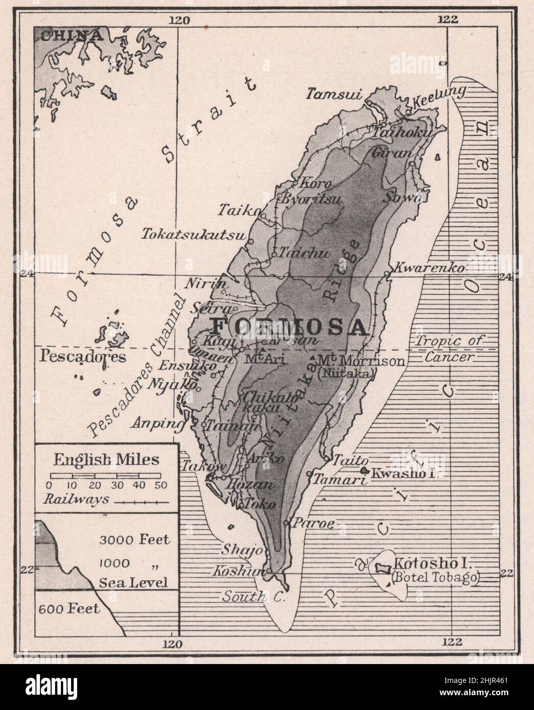 Ridge Upheaved from the China Sea. Taiwan. Formosa (1923 map Stock