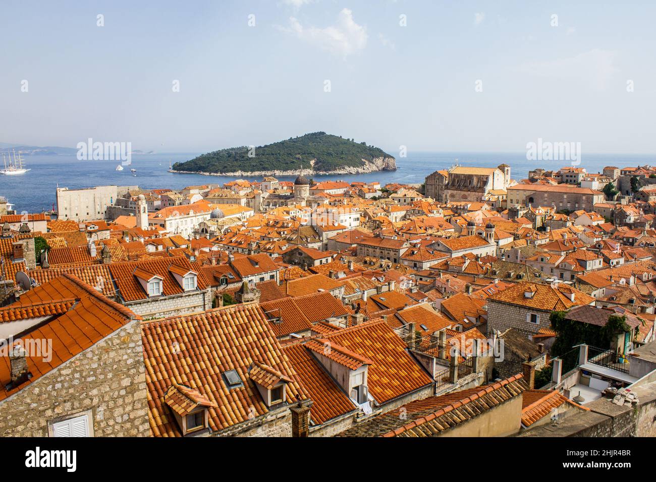 View of Traditional Colorful Rooftops with Franciscan Church and Monastery Bell Tower in Dubrovnik Stock Photo