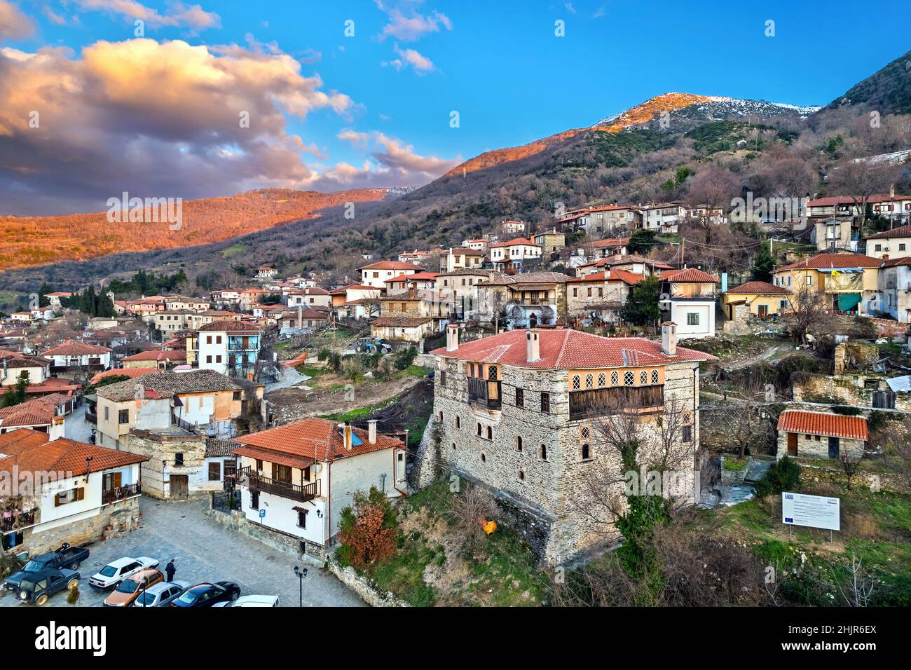 Ambelakia village Kissavos mountain, Tempe (or 'Tempi') municipality, Larissa, Thessaly, Greece. In the foreground, Schwarz ('Mavros') mansion. Stock Photo