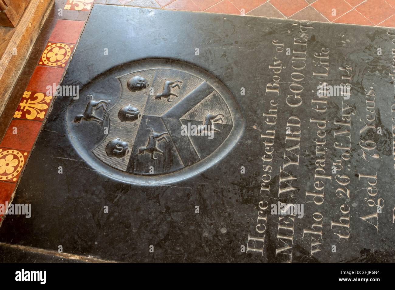 The burial slab in the nave gangway of James Wyard Gooch died 1814 at The Church of St Lawrence, Brundish, Suffolk, UK Stock Photo