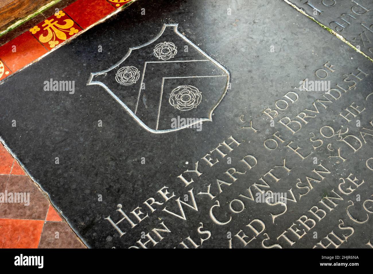 Burial slab of James Wyard died 1741 in the nave gangway at The Church of St Lawrence, Brundish, Suffolk, UK Stock Photo