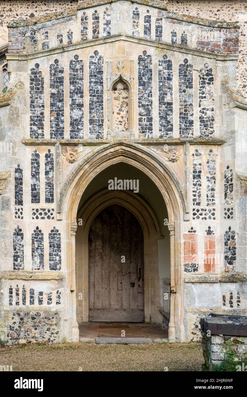 Flush work designed porch at The Church of St Lawrence, Brundish, Suffolk, UK Stock Photo