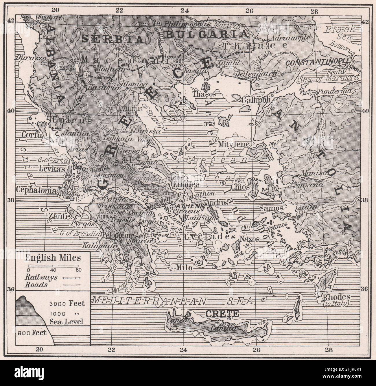 Mountainous promontories and scattered Isles of Greece (1923 map) Stock Photo