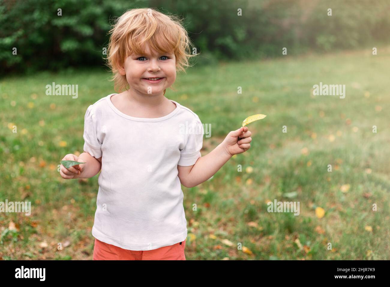 Small happy child playing outdoors in summer. Smiling girl in park on sunny day. Playful little kid portrait playing at nature with leaves Stock Photo