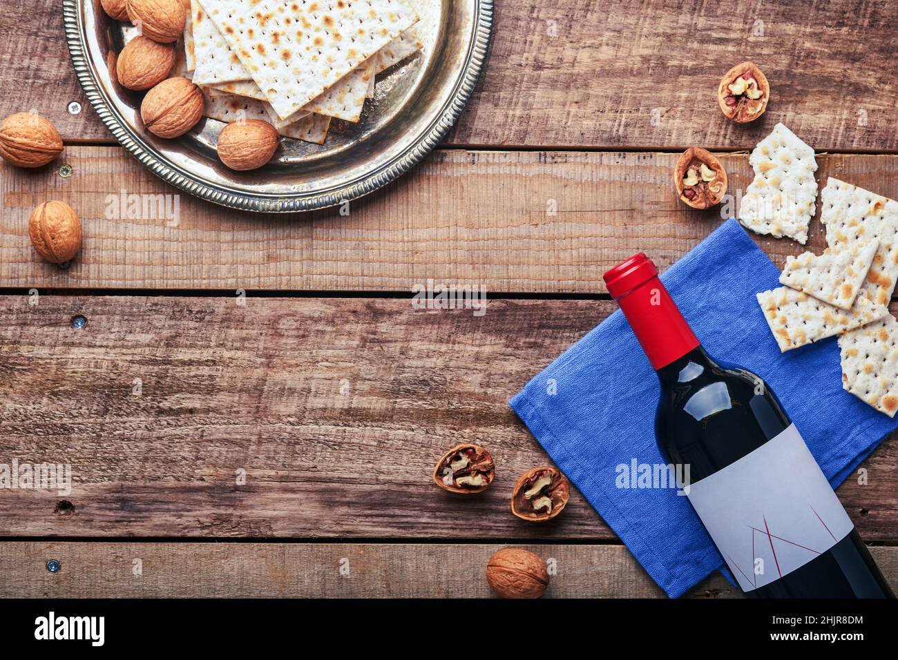 Matzah, red kosher and walnut metal tray. Traditional ritual Jewish ...
