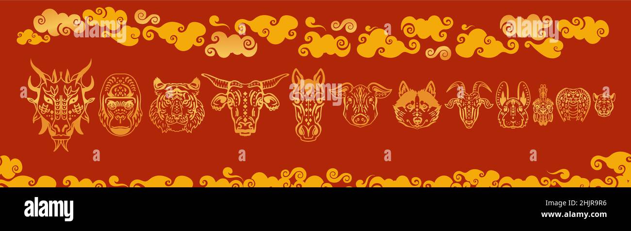 Chinese zodiac animals set gold on red background. Stock Vector