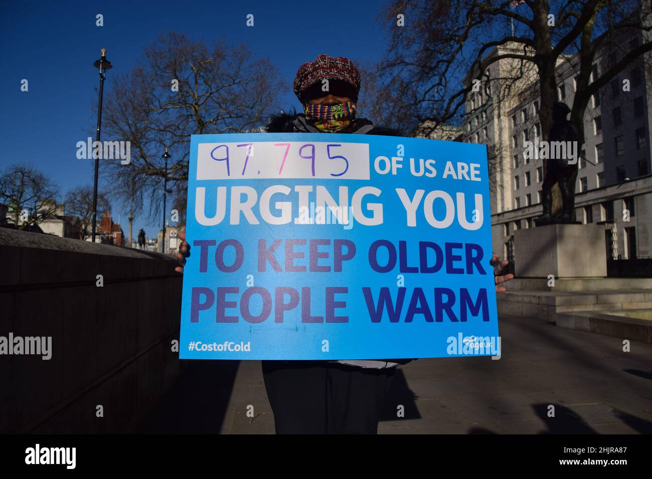 London, UK 31st January 2022. Charity organisation Age UK were joined by supporters outside Downing Street as they delivered a letter to Boris Johnson signed by over 97700 people, urging the government to help elderly people with their energy bills. One million older people live in fuel poverty and are unable to afford the cost of heating during winter. Credit: Vuk Valcic / Alamy Live News Stock Photo