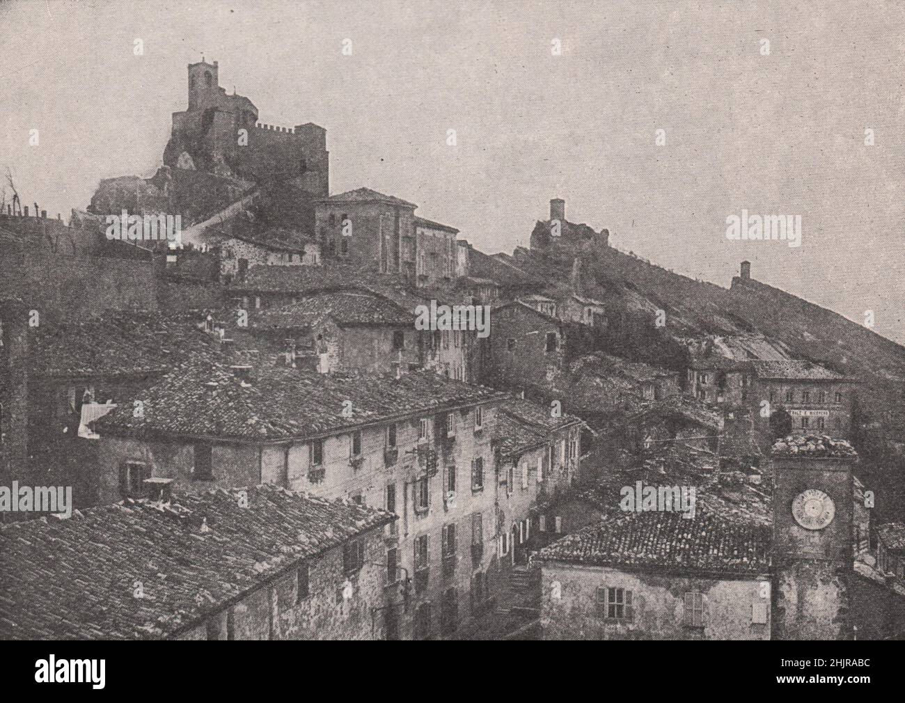 Triple crests of Monte Titano crowned with towers. San Marino (1923) Stock Photo