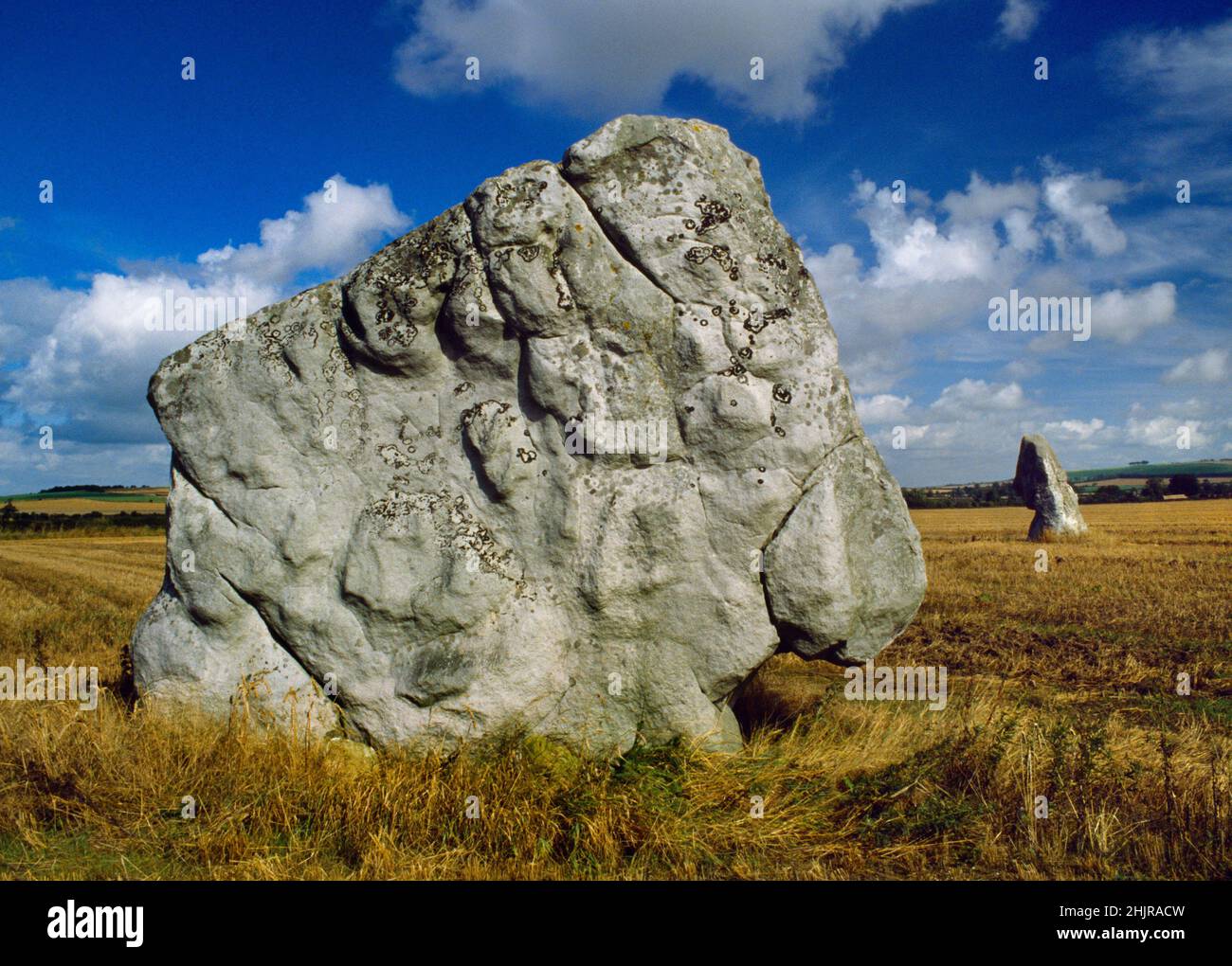 Adam and Eve: view NE of the Longstones Neolithic standing stones, Avebury, Wiltshire, England, UK, with Adam at the front, Eve to the rear. Stock Photo