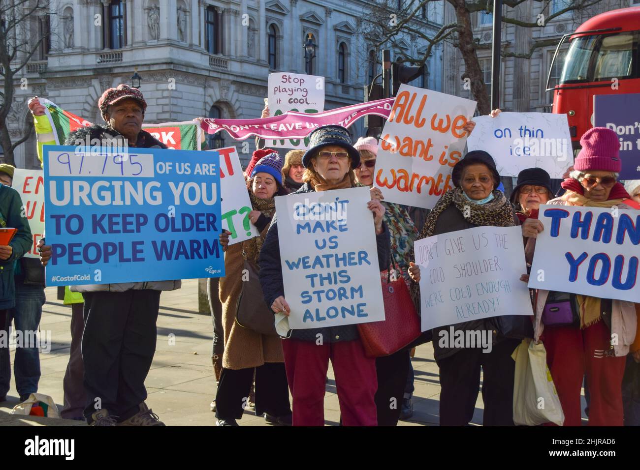 London, UK 31st January 2022. Charity organisation Age UK were joined by supporters outside Downing Street as they delivered a letter to Boris Johnson signed by over 97700 people, urging the government to help elderly people with their energy bills. One million older people live in fuel poverty and are unable to afford the cost of heating during winter. Credit: Vuk Valcic / Alamy Live News Stock Photo