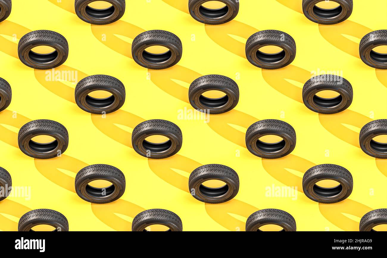 flat lay background with car tires. 3d render Stock Photo