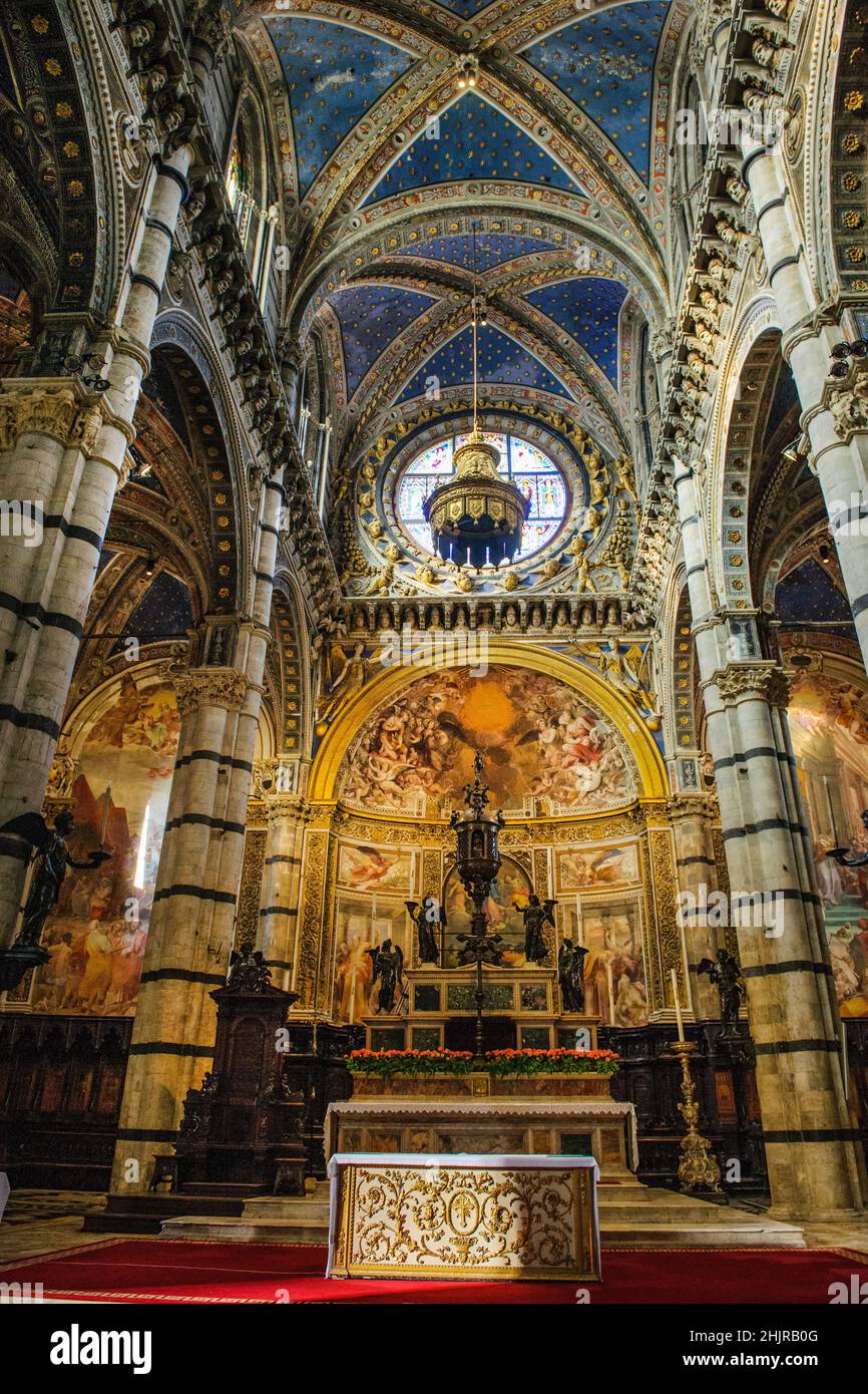 Altar und Apsis von Dom Kathedrale Santa Maria Assunta von Siena, daneben Säulen von romanisch-gotischer Baustil, Siena, Toskana, Italien, Europa Stock Photo
