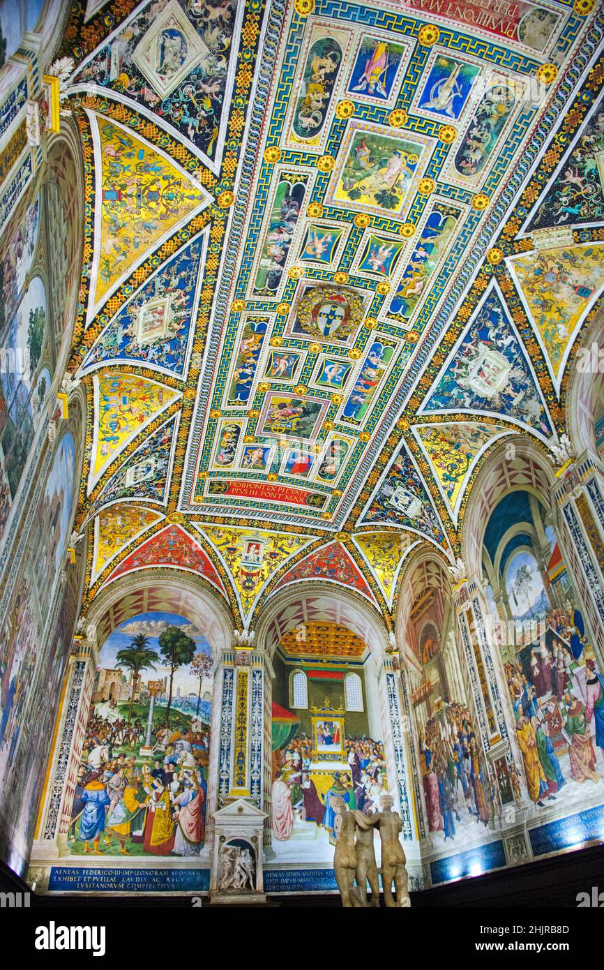 historische Bibliothek von Piccolomini, Gewölbe Wände mit farbigen Fresken mit Papst Pius .II, Dom von Siena, Siena, Italien, Europa Stock Photo
