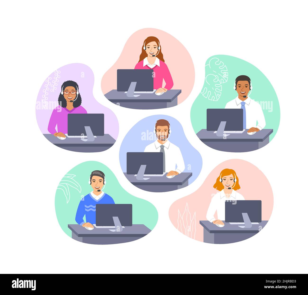 Call center customer care operators with headsets at the desks. Flat vector illustration. Friendly customer support service agents, men and women, tal Stock Vector