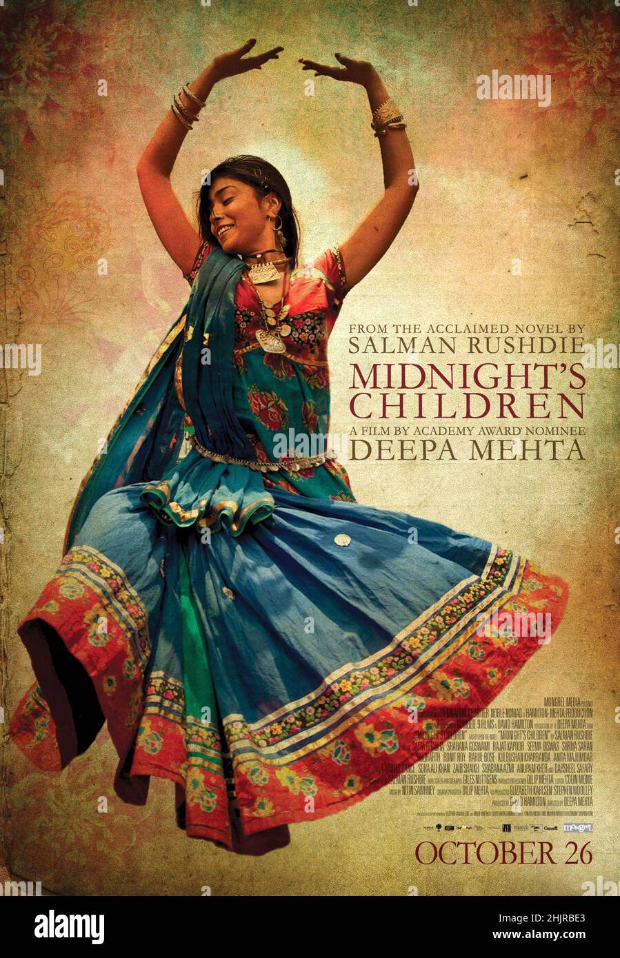 Midnight's Children (2012) directed by Deepa Mehta and starring  Rajat Kapoor, Vansh Bhardwaj and Anupam Kher. Big screen adaptation of Salman Rusahdie's novel about a pair of children, born within moments of India gaining independence from Britain, grow up in the country that is nothing like their parent's generation. Stock Photo