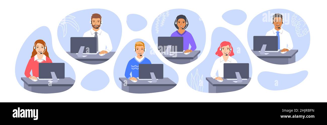 Call center customer care operators with headsets at the desks. Flat vector illustration. Friendly customer support service agents, men and women, tal Stock Vector