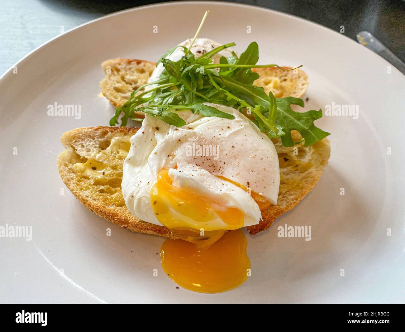 Poached eggs on toasted bread Stock Photo