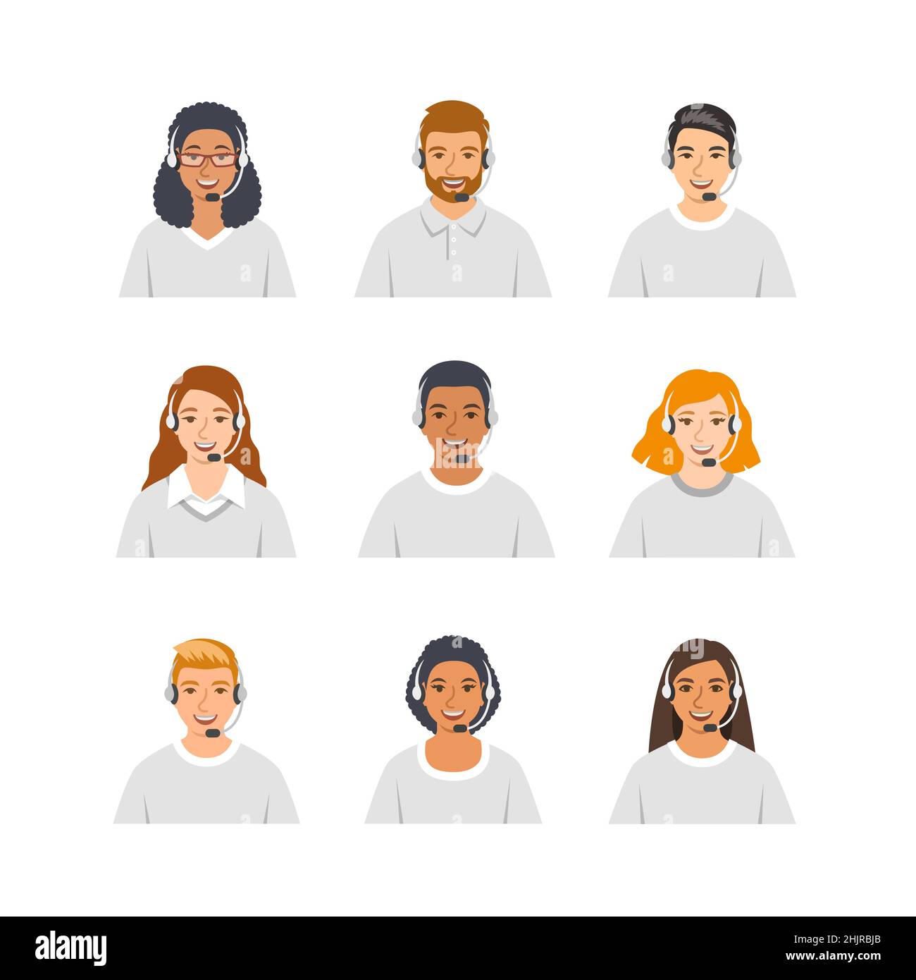 Call center customer care operators with headsets, flat vector icons. Customer support service agents avatars, men and women. Friendly faces for onlin Stock Vector