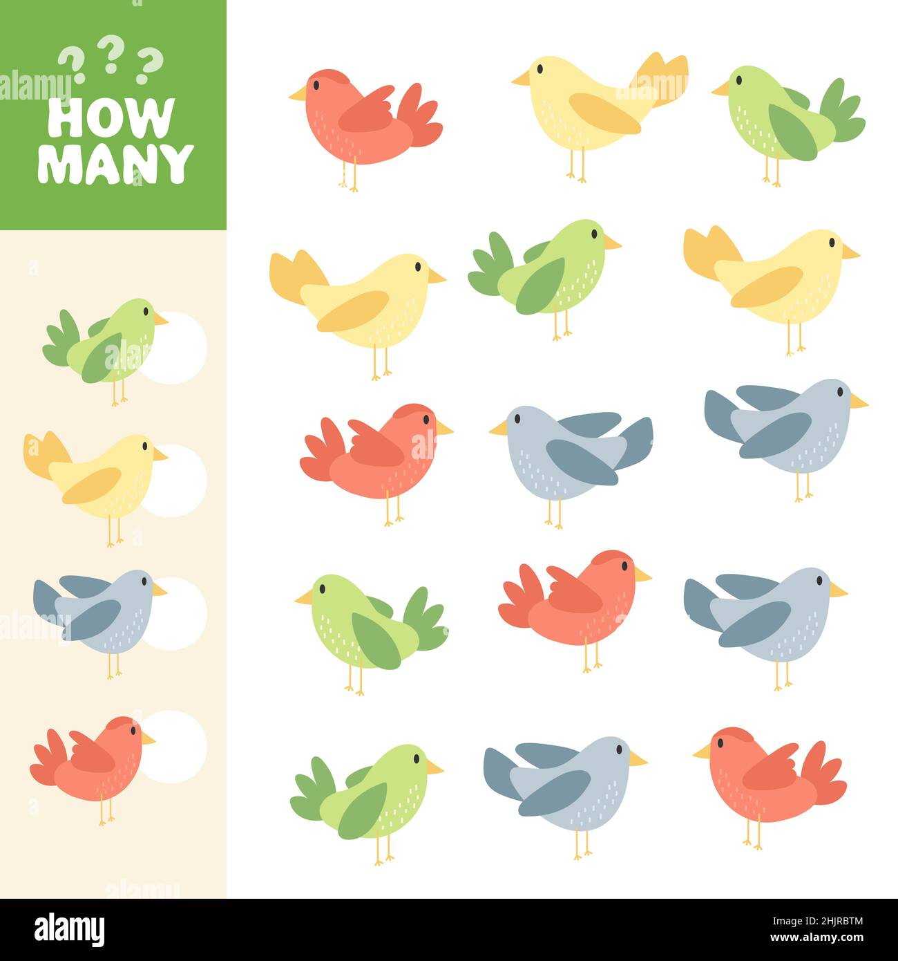 Math game for kids. How many colorful birds are there. Vector ...