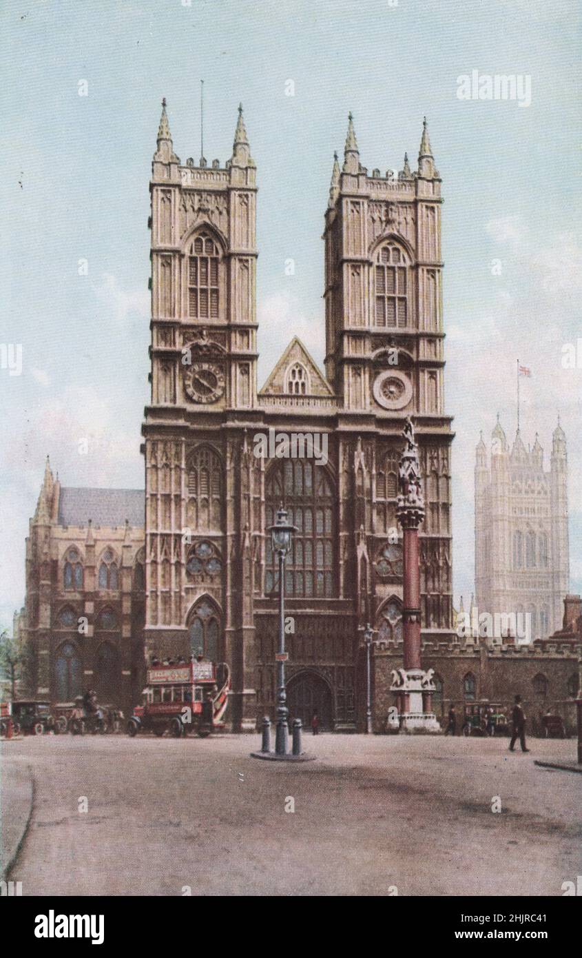 Westminster's grey abbey has its west front facing Victoria Street. The towers, designed by Wren, were finished in 1740. London (1923) Stock Photo