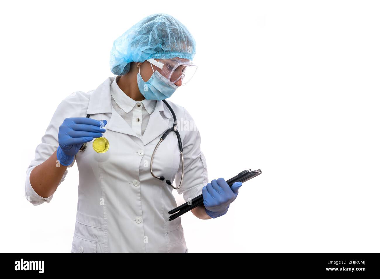 Scientist in protective uniform with flask isolated on white Stock Photo