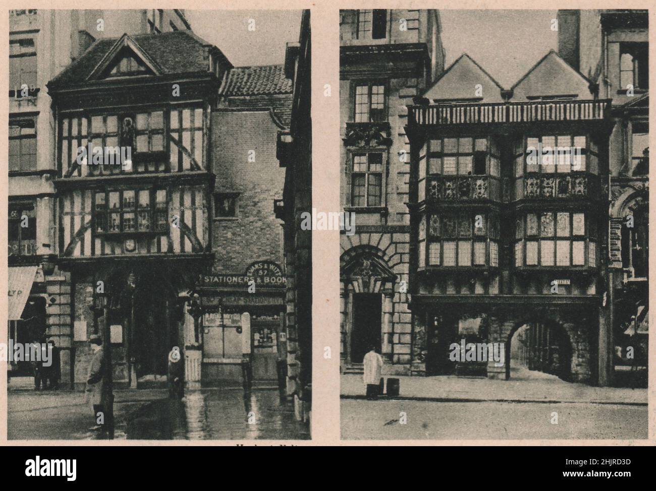 Old timbered entrances lead to St. Bartholomew the Great in Smithfield and, on the right, from Fleet Street to Temple Church. London (1923) Stock Photo