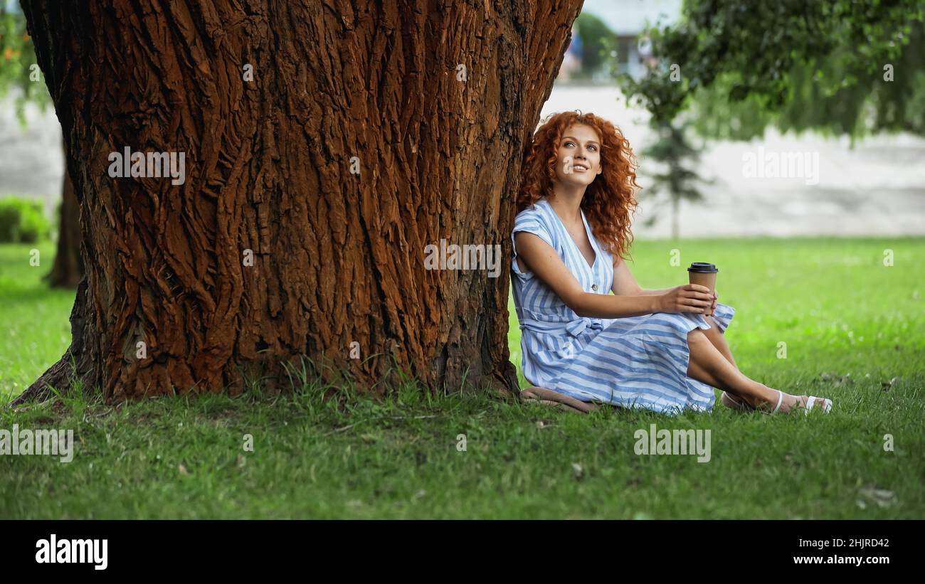 curly redhead woman in blue striped dress sitting under tree trunk with ...