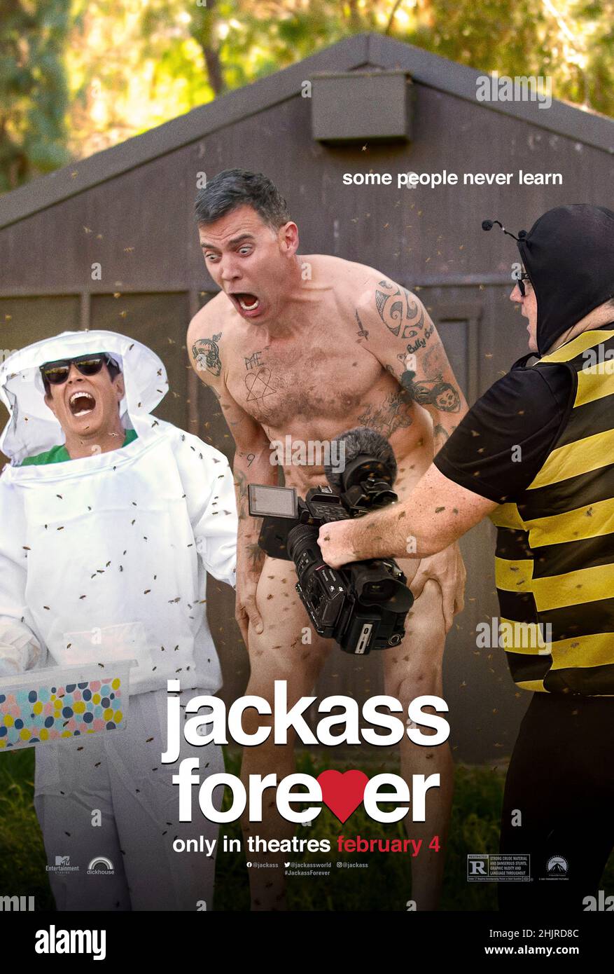 Jackass Forever (2022) directed by Jeff Tremaine and starring Johnny Knoxville, Steve-O, Chris Pontius, Dave England and Preston Lacy. After 11 years, the Jackass crew is back for their final crusade. Stock Photo