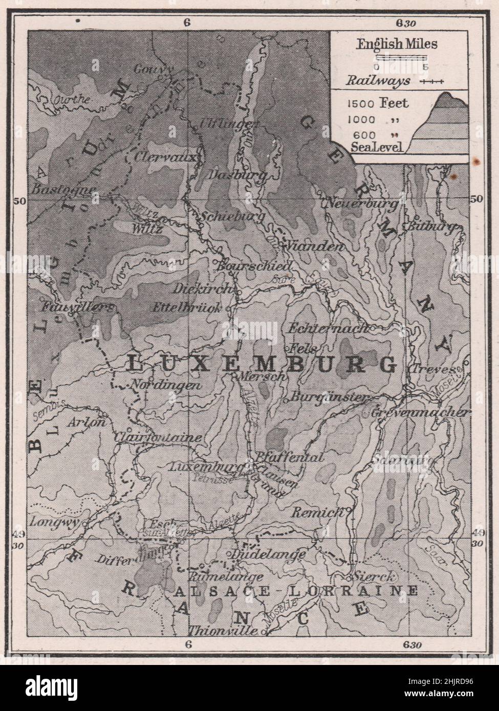 Chill uplands of the grand Duchy. Luxemburg (1923 map) Stock Photo
