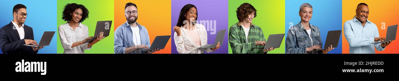 Group of diverse people using laptops while posing over different ...
