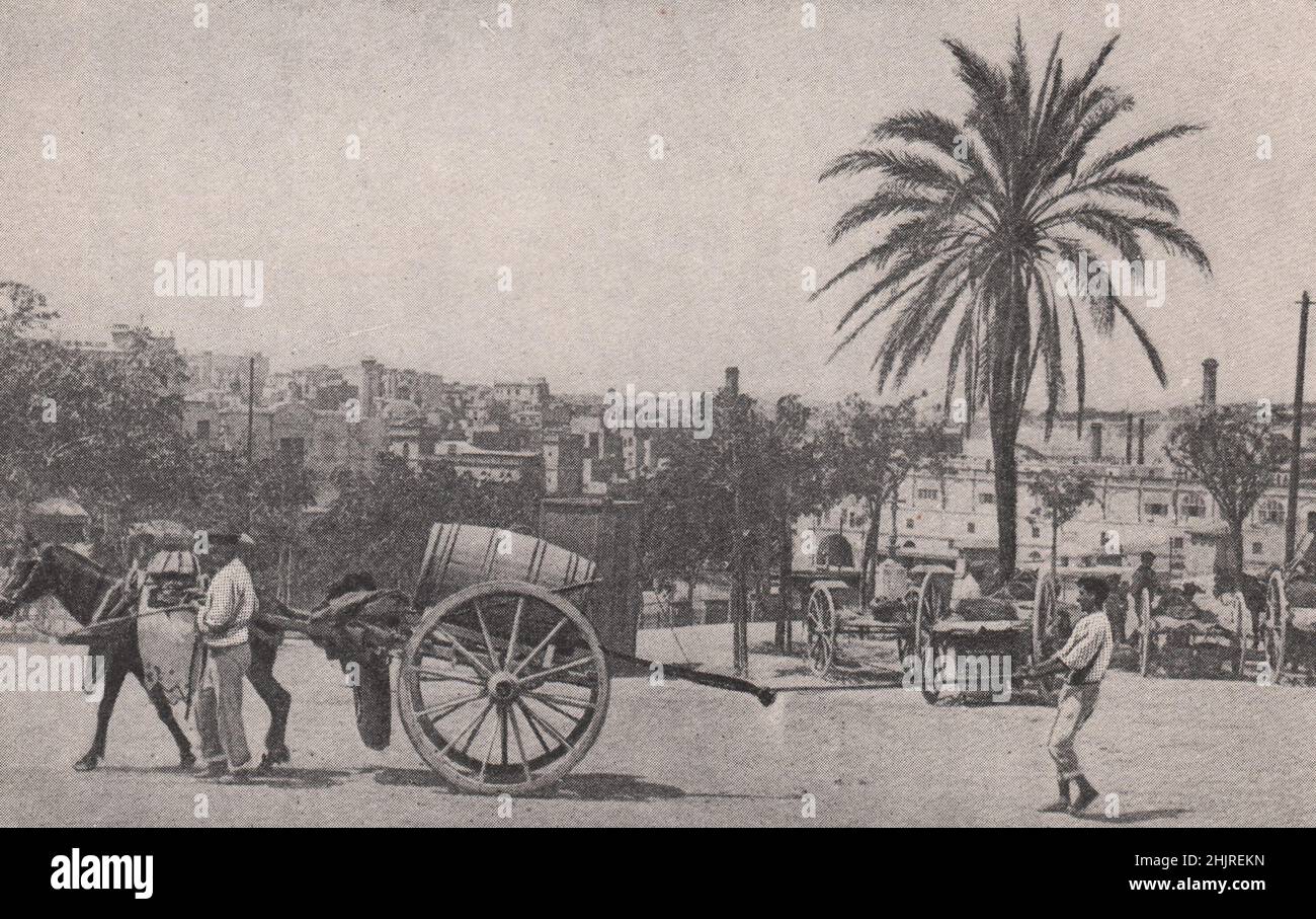 Maltese methods of spraying the dusty streets of Valletta. Malta (1923) Stock Photo