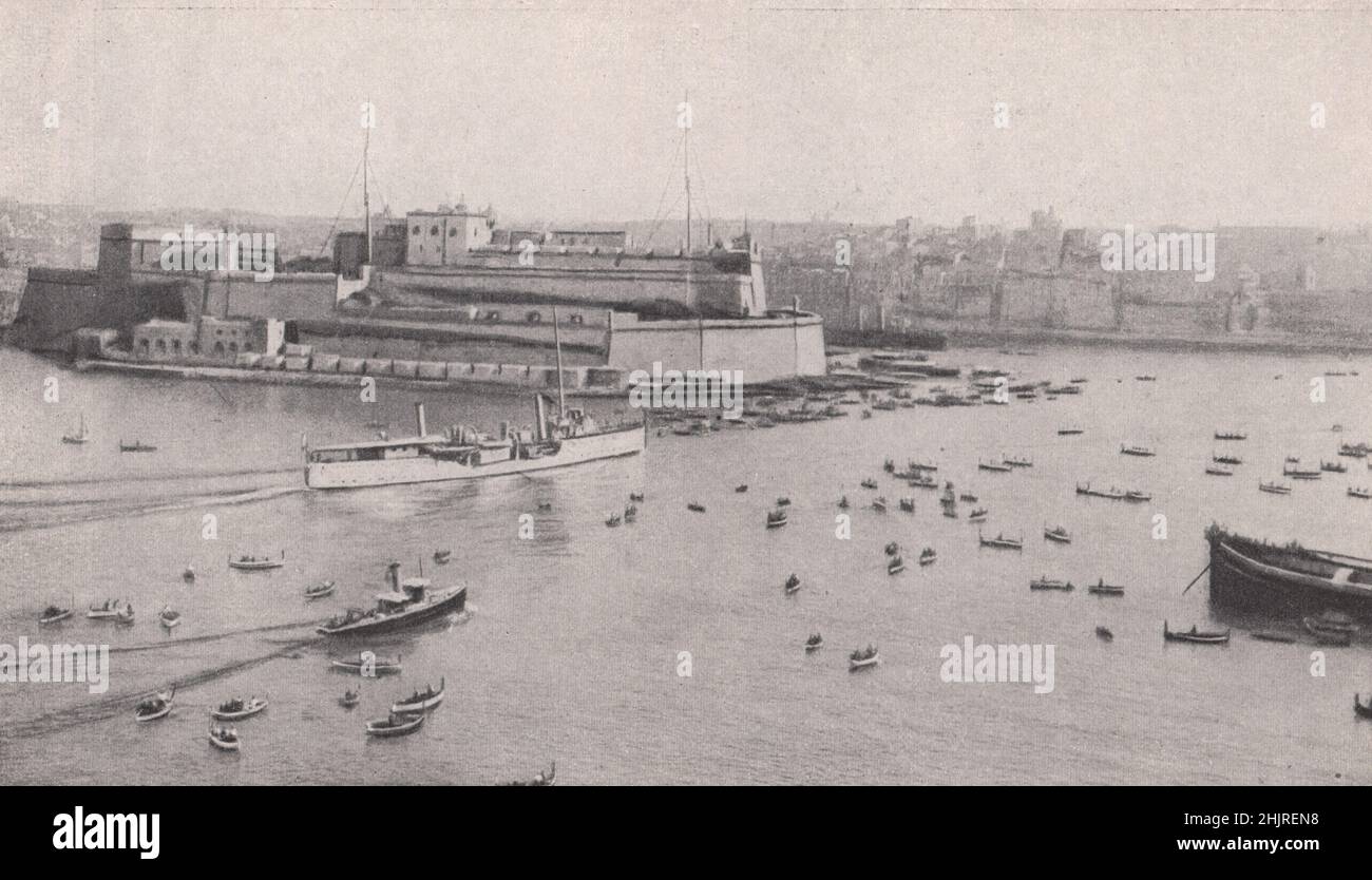 Scene in the grand Harbour, showing fort St. Angelo, the oldest part of the Fortifications. Malta (1923) Stock Photo
