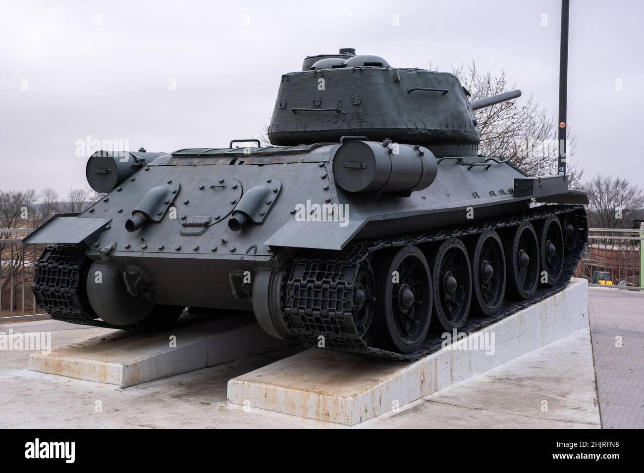 Scinawa, Poland - January 14, 2022. Liberation Memorial. A soviet T-34 85 tank commemorates the fall of Scinawa. Selective focus Stock Photo