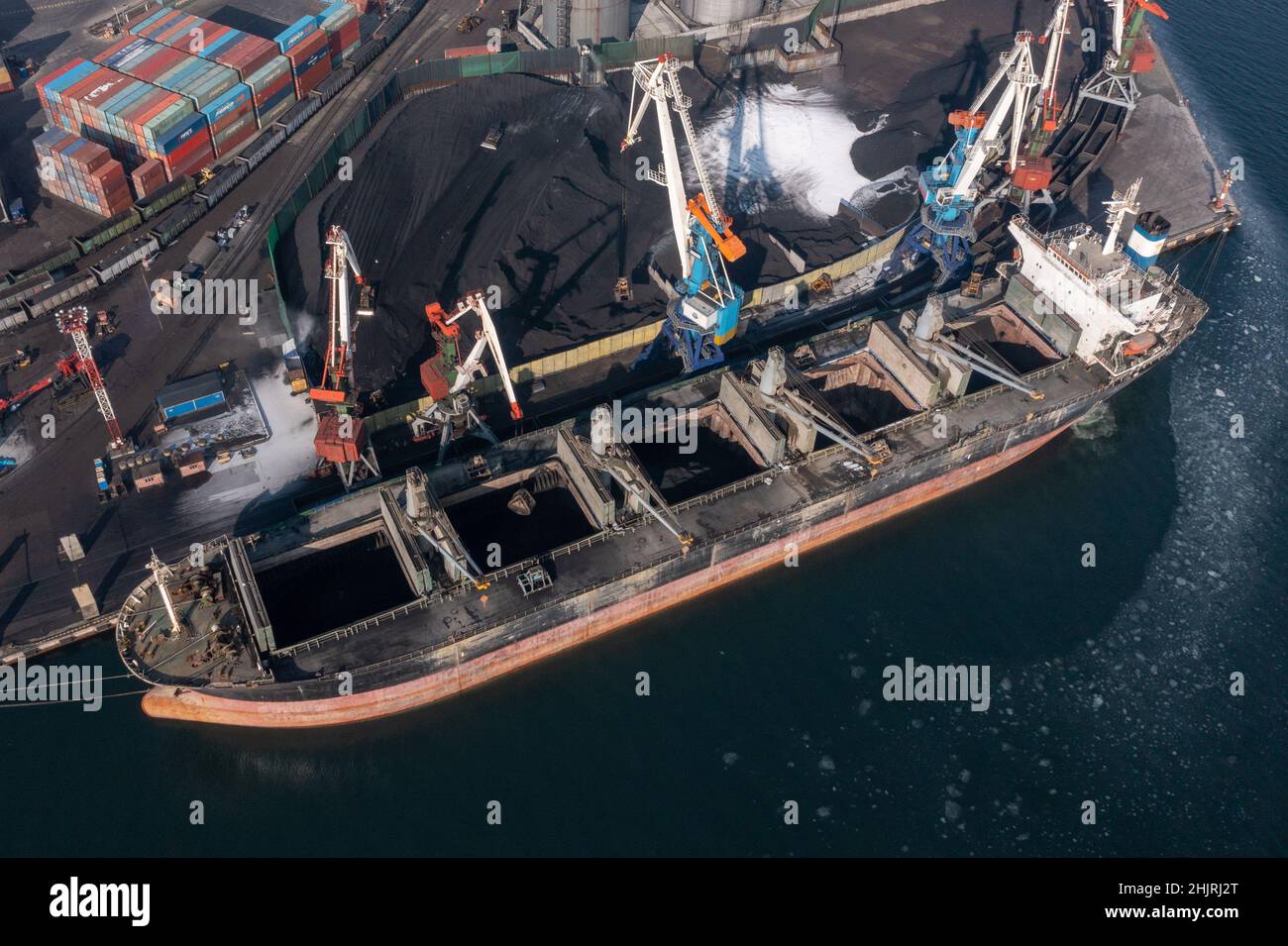 Vladivostok, Russia - January 27, 2022:A top view of the seaport coal ...