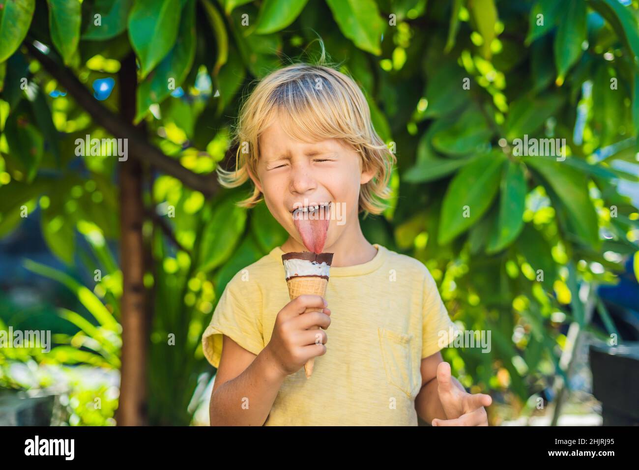 Outdoor portrait of happy boy with ice cream in waffles cone. Cute child holding ice-cream and making gladness face while walking in the park Stock Photo
